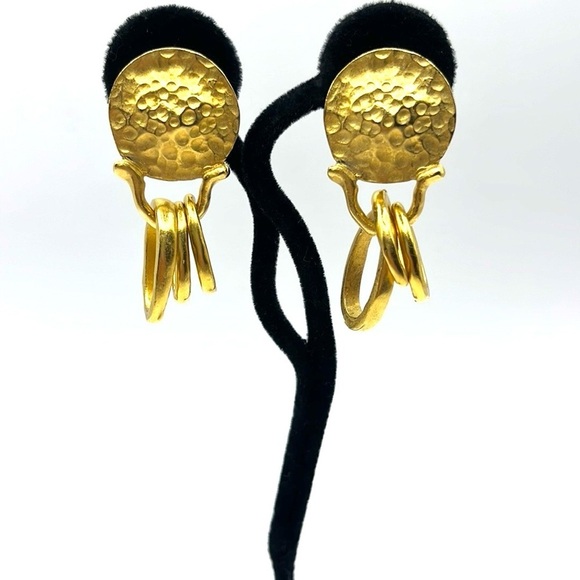 Elegant Matte Gold Hammered Earrings Clip on Premier Designs Vintage Statement - Picture 6 of 13